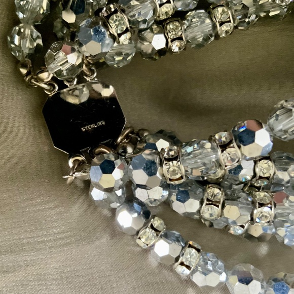 Rhinestone and grey silver tone crystals sterling stretch bracelet - Picture 2 of 5